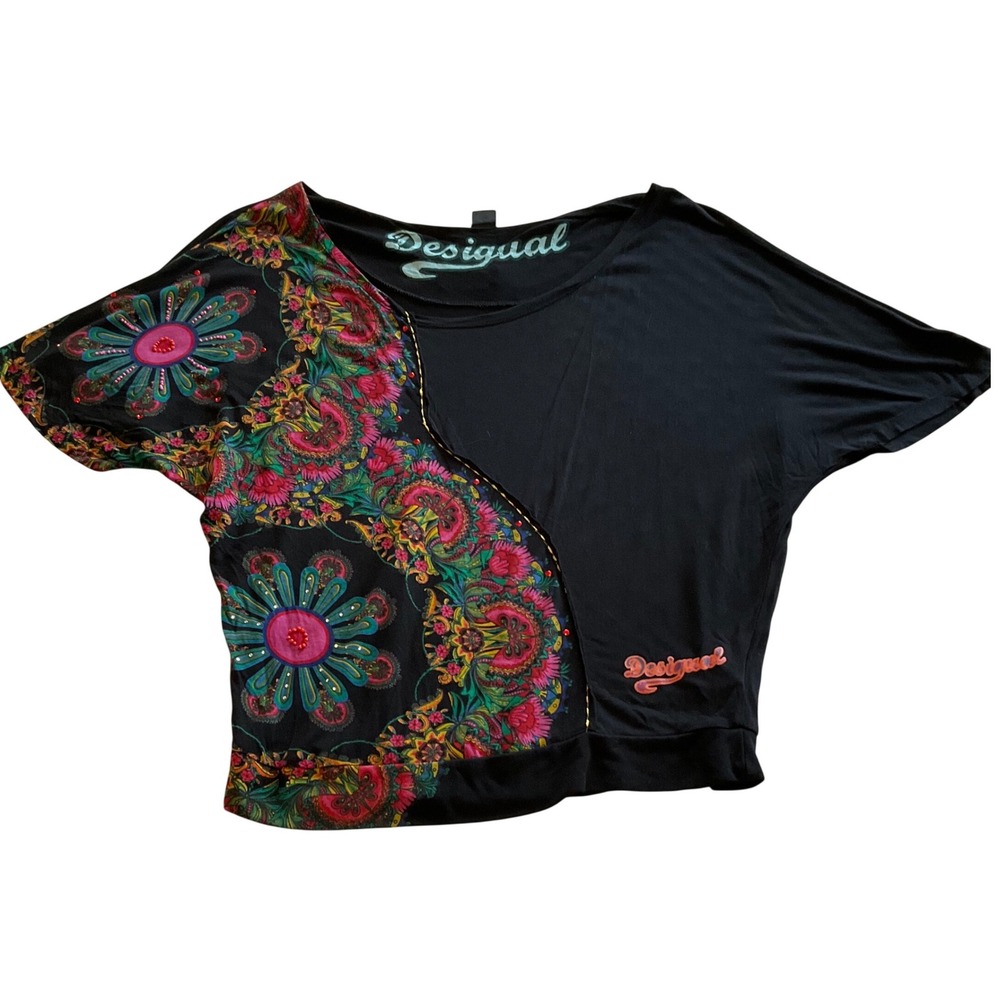 Desigual Y2K Floral Beaded Top Women Large Black Multi Asymmetrical Dolman Retro